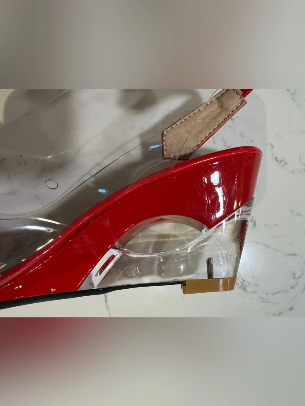 Clear Slingback Wedge Sandals with Red Floral Accent - Women